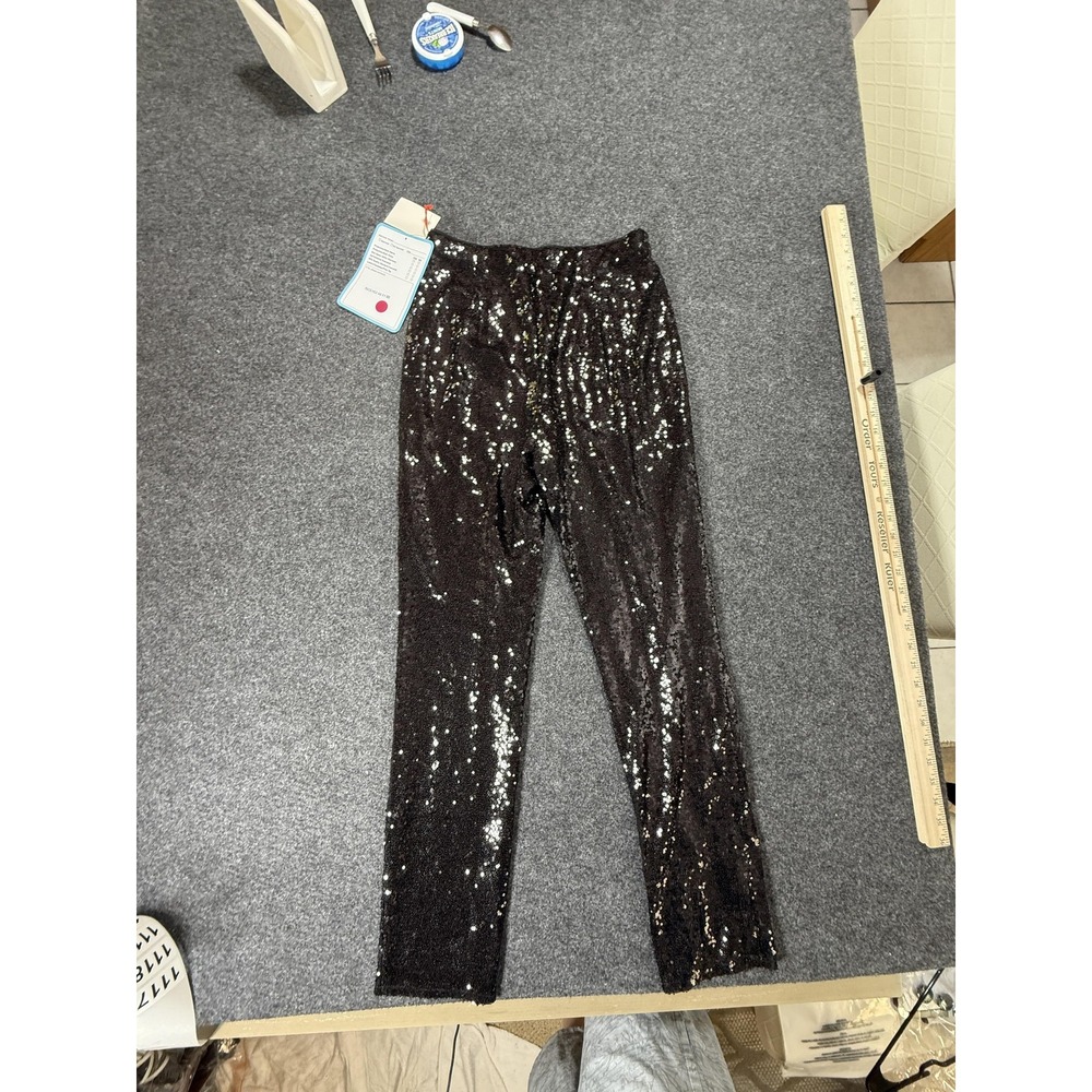 Open Edit Sequin Legging Womens Small Black Holiday Party Ankle Zip Slim Fit - Picture 10 of 11